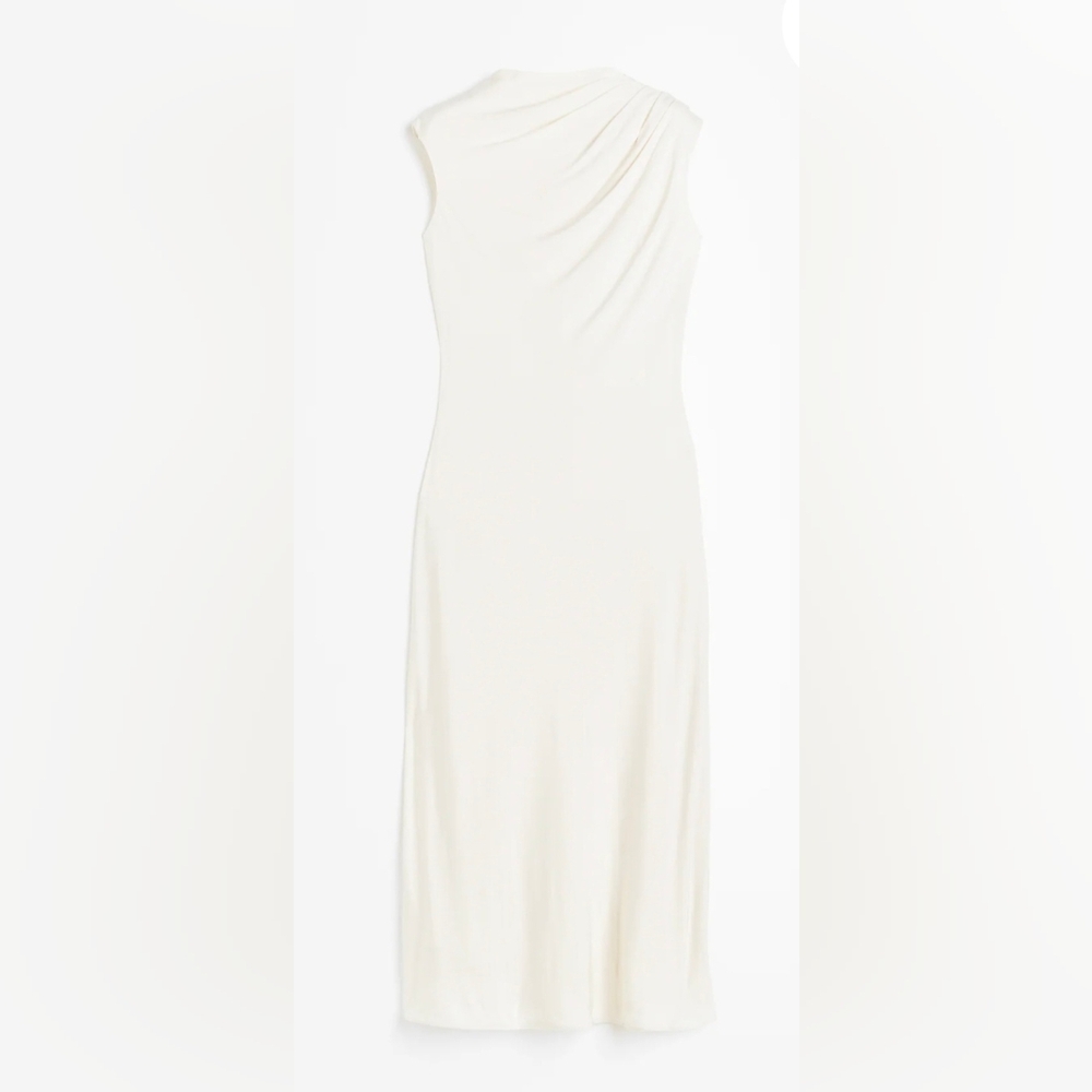 H&M Draped Viscose Satin Sleeveless Midi Dress Cream Roundneck Slim Fit Large